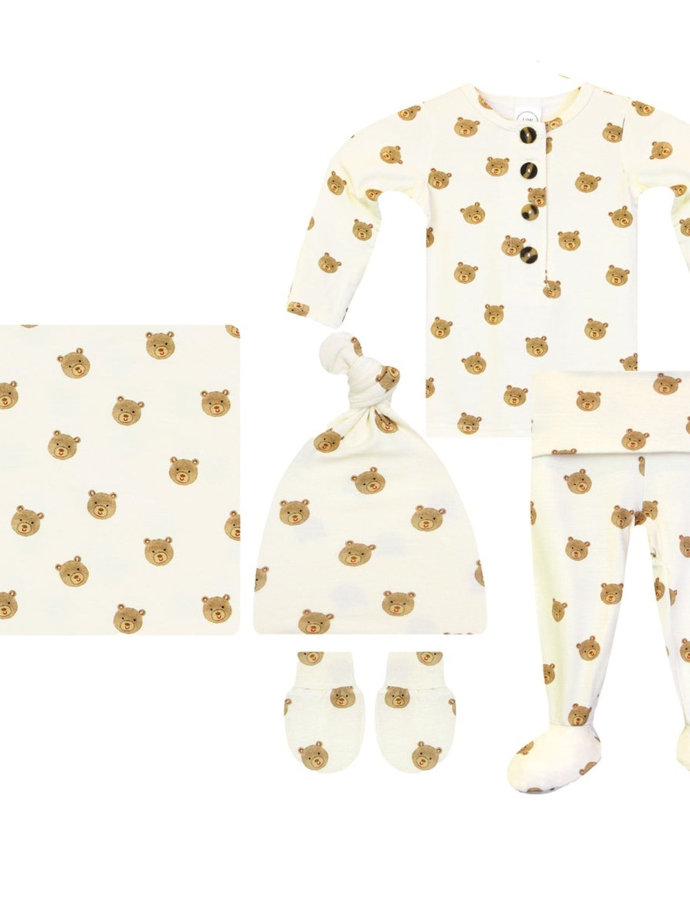 Lou Lou & Company Neutral Bear print Newborn set with Swaddle, Hat & mitts